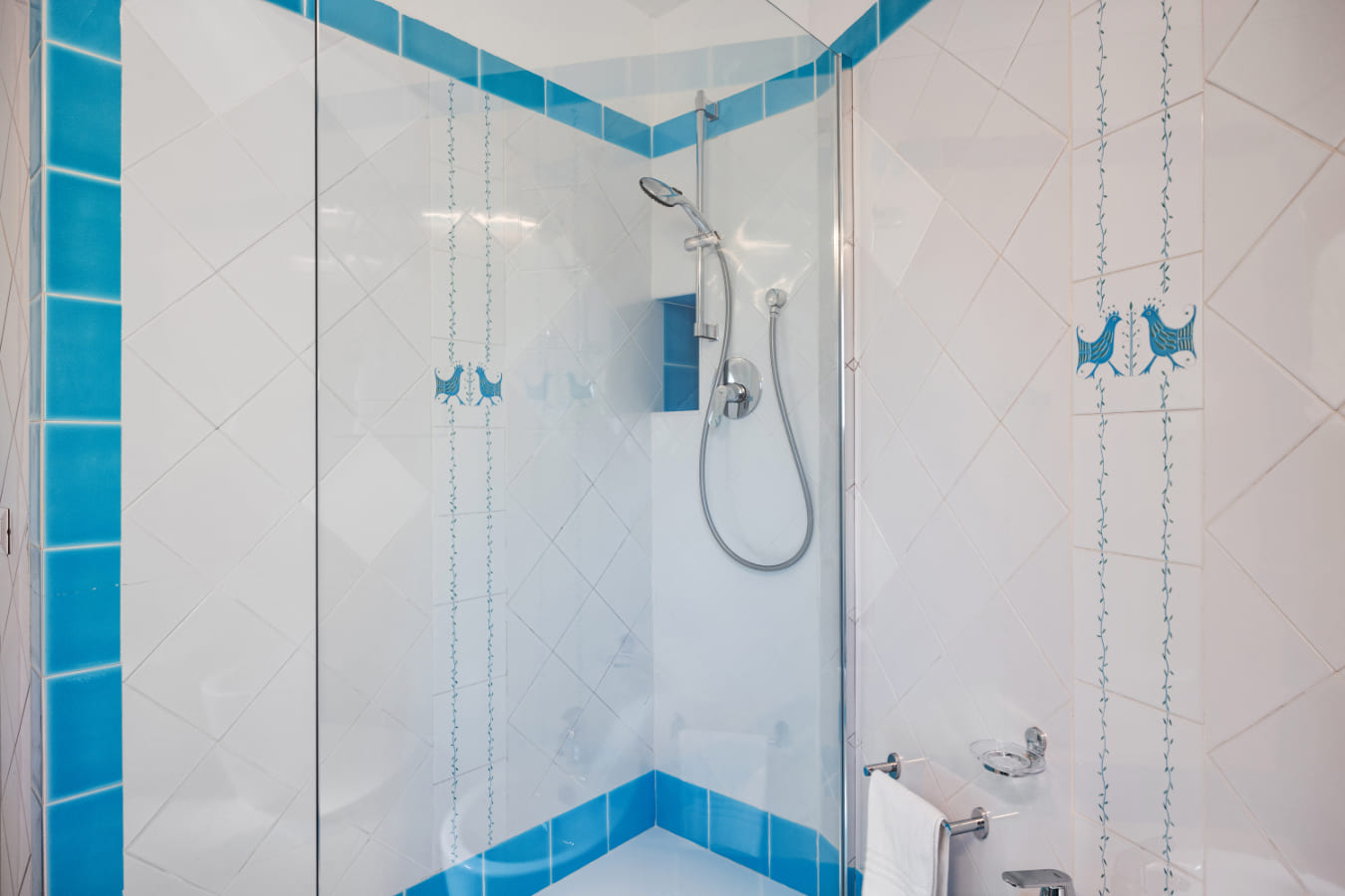 Shower with blue tile finish